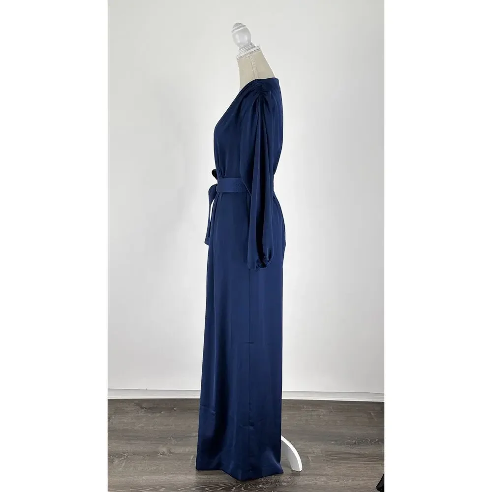 Ann Taylor V Neck Long Sleeve Satin Jumpsuit Deep Ocean Blue Womens Size 8 New